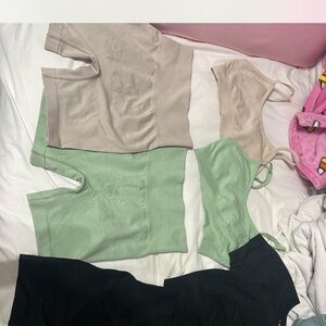 Amazon Women's Bike Shorts Set - Black, Green, Beige and some workout tops